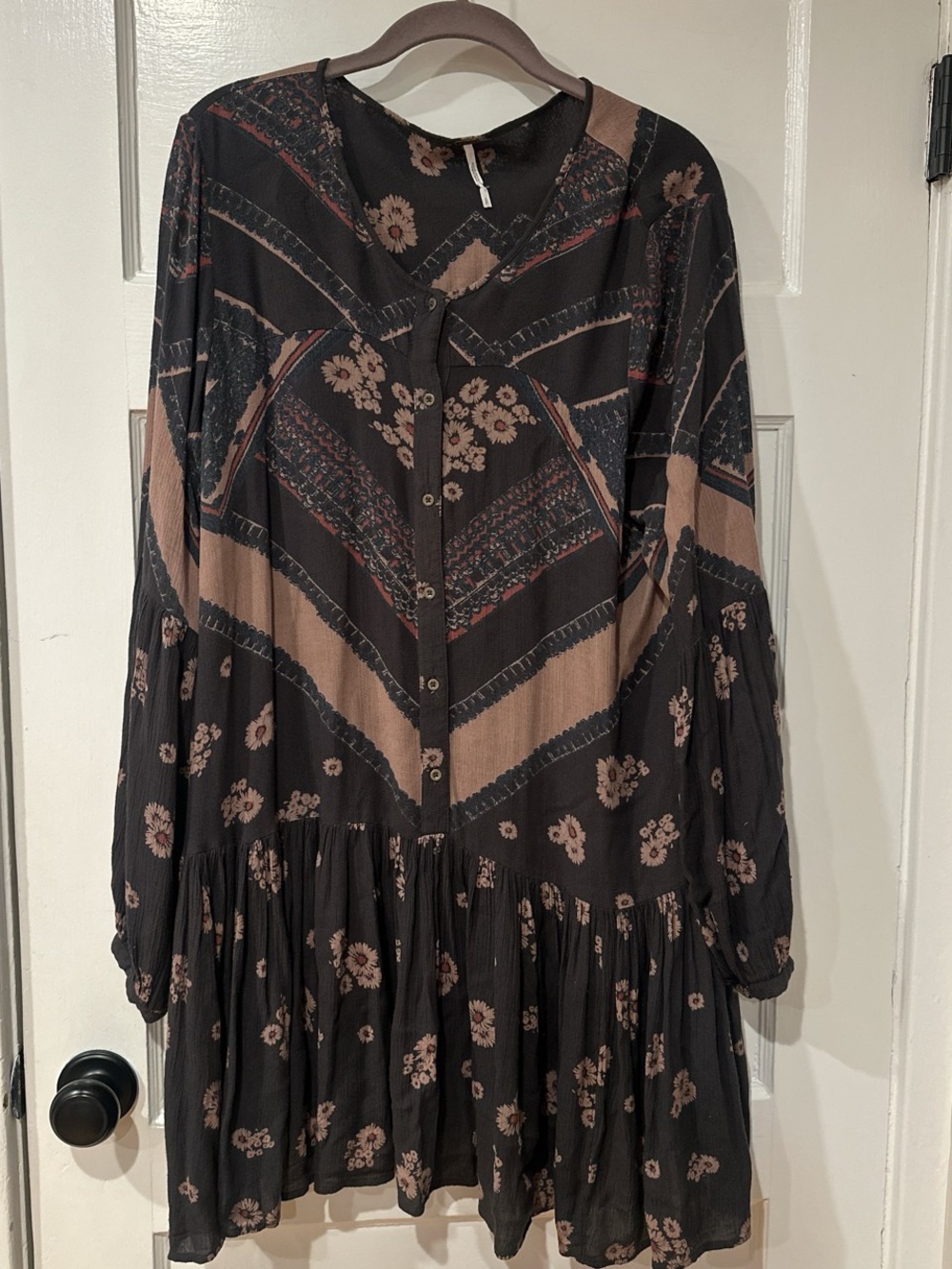 Free People Boho Gray & Taupe Floral Button Front Drop Waist Tunic Dress